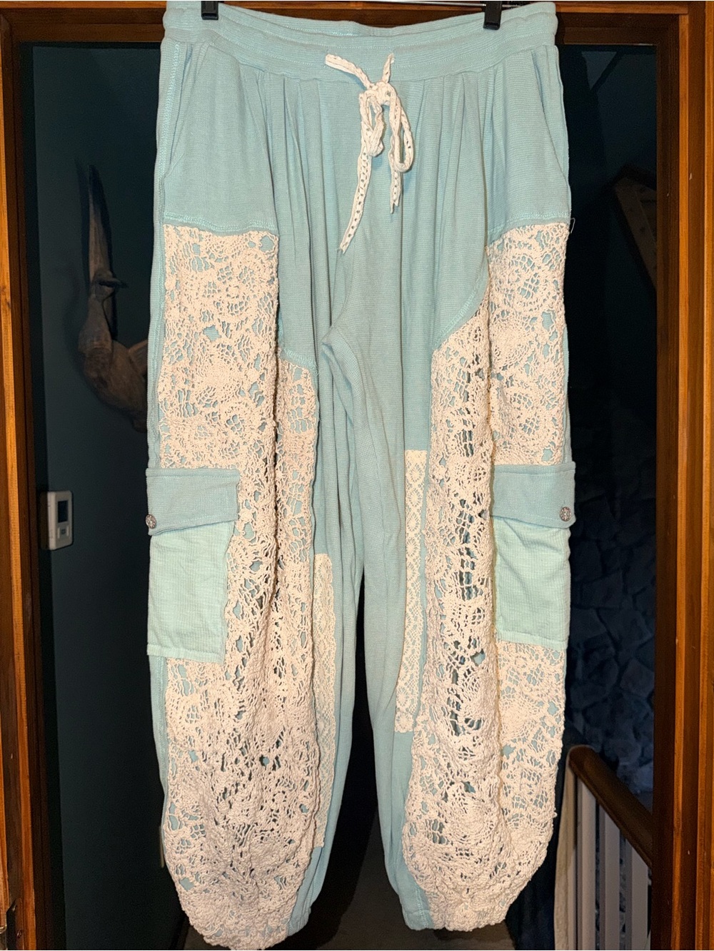 NWOT POL Crochet-Panel Light Blue Lounge Pants